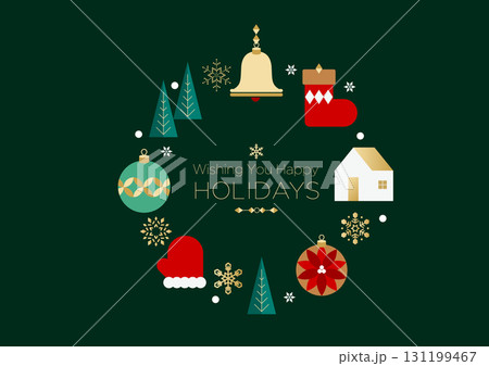 英語メッセージ入り クリスマスリースと冬アイコン｜イラスト ベクター 131199467