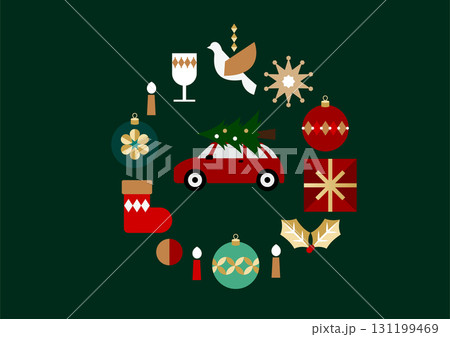 クリスマスツリーを運ぶ車とリース風アイコン｜イラスト ベクター 131199469