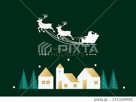 サンタのそりとトナカイ,雪原の冬の村,ダークグリーン×ゴールド,クリスマスバナー|イラスト ベクター サンタのそりとトナカイ,雪原の冬の村,ダークグリーン×ゴールド,クリスマスバナー|イラスト ベクター 131199495