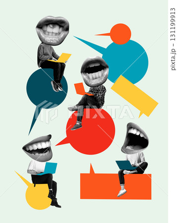 Surreal composition of people with giant mouths and laptops sitting on big speech bubbles Surreal composition of people with giant mouths and laptops sitting on big speech bubbles 131199913