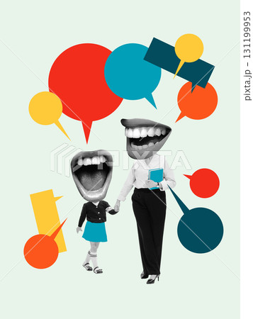 Surreal collage art. Child and adult with giant mouth heads holding hands with speech bubbles around Surreal collage art. Child and adult with giant mouth heads holding hands with speech bubbles around 131199953