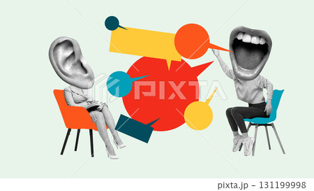Creative digital artwork of giant ear and mouth head figures in colorful dialogue with speech bubbles 131199998