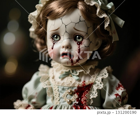This striking doll monster, with cracked features and blood stained cheeks, creates a chilling yet captivating presence Generative AI 131200190