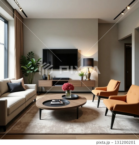 Soft natural light filters through large windows, illuminating a contemporary living space adorned with stylish armchairs, a cozy sofa, and tasteful decor elements Generative AI Soft natural light filters through large windows, illuminating a contemporary living space adorned with stylish armchairs, a cozy sofa, and tasteful decor elements Generative AI 131200201