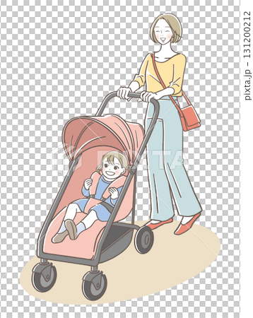 微笑的母親推著嬰兒車 131200212