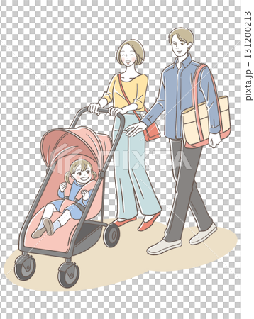Smiling mother and father pushing a stroller 131200213