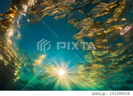 Underwater view looking up, sunlight sparkling on surface.AI Generated 131200358
