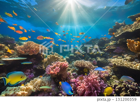 Vibrant coral thriving underwater, home to marine life.AI Generated 131200359