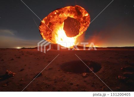 Imaginary volcano erupts hot lava in distant space.AI Generated Imaginary volcano erupts hot lava in distant space.AI Generated 131200405