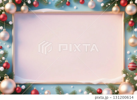 Colorful ornaments in red, silver, and white surround a blank space amid pine branches, creating a cheerful backdrop for holiday greetings during the festive season Generative AI 131200614