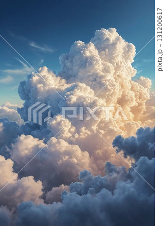 A breathtaking display of fluffy clouds fills the sky, illuminated by the warm hues of a sunset Generative AI 131200617