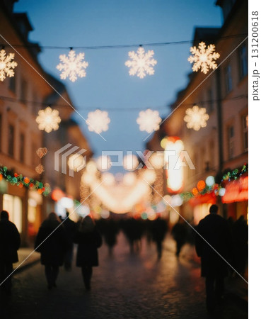 Crowds stroll along a beautifully lit street decorated with colorful lights and festive ornaments, celebrating the joy of Christmas and New Year in the evening Generative AI 131200618
