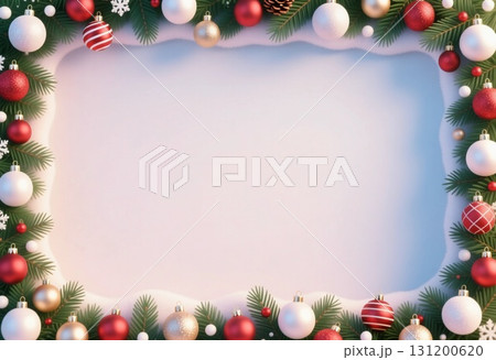 A beautiful holiday frame featuring various ornaments and pine branches, ideal for sending Christmas and New Year greetings with a warm festive touch Generative AI 131200620
