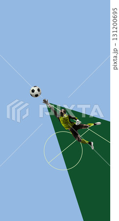Minimalist collage. Soccer goalkeeper in green uniform dives to save ball on blue background 131200695