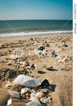 On a bright sunny day, a beautiful beach is marred by scattered trash and debris, highlighting the pressing issue of ocean pollution and its impact on marine life Generative AI 131200732