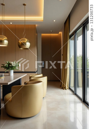 Richly designed room features sleek golden light fixtures and plush seating, inviting relaxation. Sunlight filters through large windows, enhancing the inviting atmosphere Generative AI 131200733