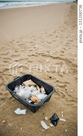 A black plastic container filled with litter rests on a sandy beach, highlighting the growing issue of pollution in natural spaces Generative AI A black plastic container filled with litter rests on a sandy beach, highlighting the growing issue of pollution in natural spaces Generative AI 131200736