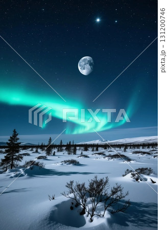 Bright auroras dance across a wintry night sky, creating a mesmerizing spectacle above a snow covered landscape Generative AI 131200746