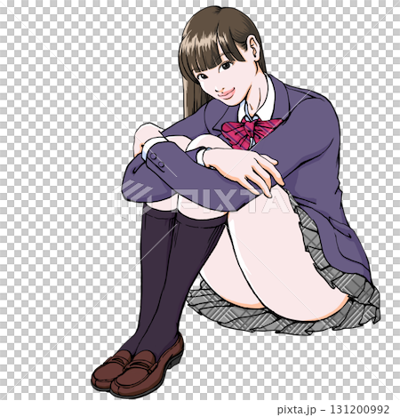 体育座りの女子高生_全身_ブレザー2 131200992