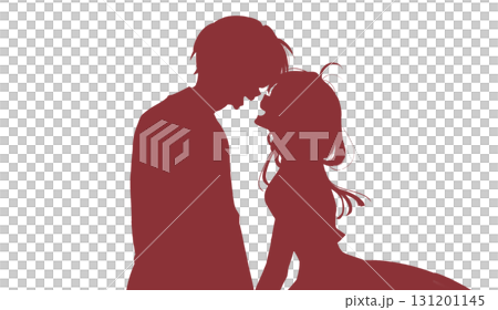 Silhouette of a man and woman laughing facing each other 131201145