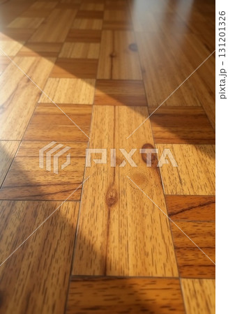 Sunlight filters through, creating a play of light and shadow on a beautifully arranged wooden floor, emphasizing its rich tones and unique textures Generative AI 131201326