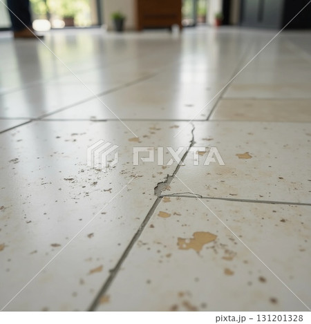 A close-up view reveals cracked tiles and scattered dust on the floor of a lively indoor area. Sunlight filters in, highlighting the imperfections of this frequented room Generative AI 131201328