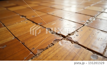 Cracked and damaged wooden tiles tell a story of neglect and wear, hinting at the vibrant life that once filled this space. Light reflects softly, highlighting the textures Generative AI 131201329