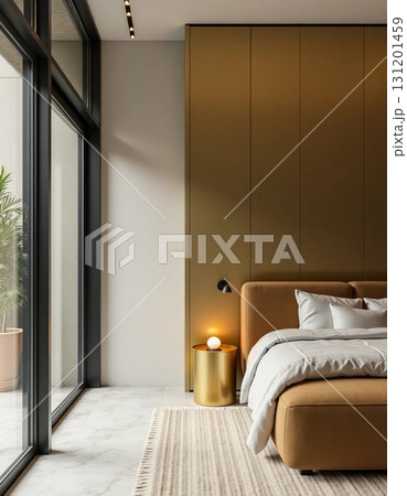 A contemporary bedroom features warm brown tones, a soft bed with gray linens, and large windows allowing natural light to illuminate the space. Simple decor enhances the cozy vibe Generative AI 131201459