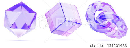 Glass holographic hexagon, cube and chain of spiral links 3d render icon set. Abstract geometric shape, iridescent gradient figure, purple transparent object, isolated design element. 3D illustration Glass holographic hexagon, cube and chain of spiral links 3d render icon set. Abstract geometric shape, iridescent gradient figure, purple transparent object, isolated design element. 3D illustration 131201488