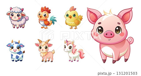 Cute cartoon farm animals collection on white background. Childish kawaii art 131201503