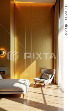 A modern room features minimalist furniture bathed in soft sunlight. The warm golden walls enhance the cozy atmosphere, creating an inviting space for relaxation and inspiration Generative AI A modern room features minimalist furniture bathed in soft sunlight. The warm golden walls enhance the cozy atmosphere, creating an inviting space for relaxation and inspiration Generative AI 131201518