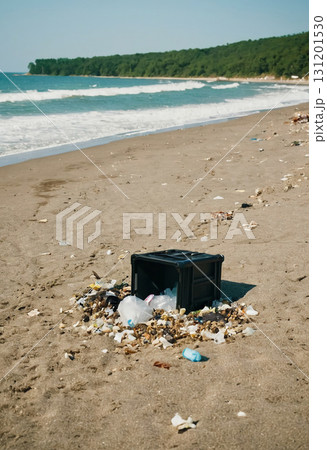 On a bright summer day, a black crate sits abandoned on the sandy shore, surrounded by various pieces of litter, reminding us of the pollution threatening our beautiful coastlines Generative AI 131201530