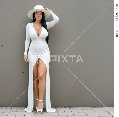 壁の前に立つ白ロングドレスを着た美脚でグラマーなロングヘアの女性 壁の前に立つ白ロングドレスを着た美脚でグラマーなロングヘアの女性 131201716