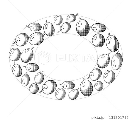 Olive berry Oval frame template. Vector graphic line ink Black and white illustration. Italian food. Olives wreath for Mediterranean diet. for invitation, label, advertisement, packaging. 131201753