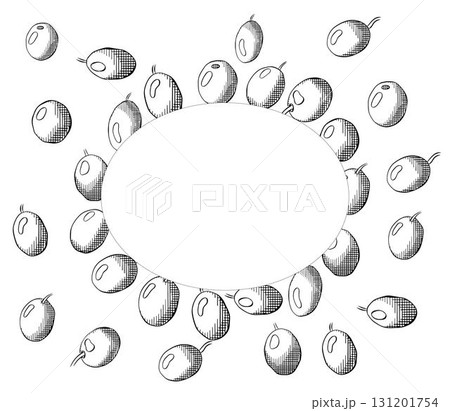Hand drawn wreath with ripe Olive berry Oval frame template. Vector graphic line ink Black and white illustration. Banner, poster, wrapping paper, sticker, print, modern textile design. Hand drawn wreath with ripe Olive berry Oval frame template. Vector graphic line ink Black and white illustration. Banner, poster, wrapping paper, sticker, print, modern textile design. 131201754