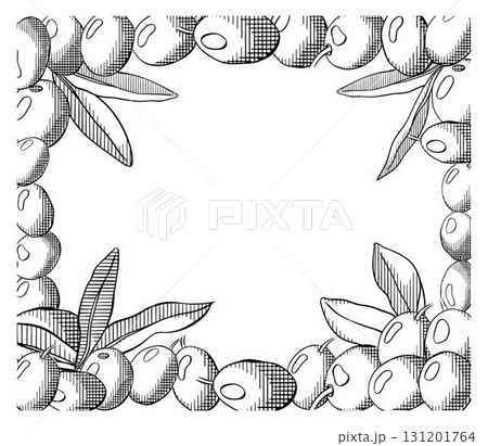 Olives background. Olive Black and white berry and leaves rectangle frame template. Vector graphic line ink illustration. Mediterranean food menu design in pastel colors. 131201764