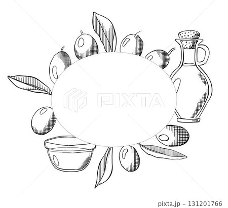 Olive oil, green berry and leaves Oval frame template. Vector graphic line ink Black and white illustration. Leaves and berry round frame. Extra virgin olive oil emblem, logo. Olive oil, green berry and leaves Oval frame template. Vector graphic line ink Black and white illustration. Leaves and berry round frame. Extra virgin olive oil emblem, logo. 131201766
