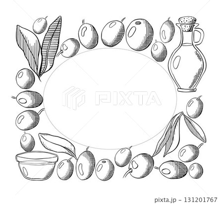 Olive oil, green berry and leaves Oval rectangle frame template. Vector graphic line ink Black and white illustration. Banner, poster, wrapping paper, sticker, print, modern textile design. 131201767