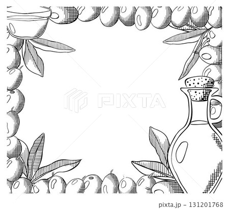 Sketch frame of olive branch with berries and leaves. Olive oil, green berry and leaves rectangle frame template. Vector graphic line ink Black and white illustration. for cards, design logo, tattoo 131201768