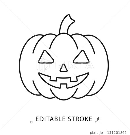 A Halloween pumpkin icon in a minimalist line style with editable stroke. Jack o lantern carving, spooky autumn vegetable, scary face decoration, october holiday symbol, evil smile tradition. 131201863