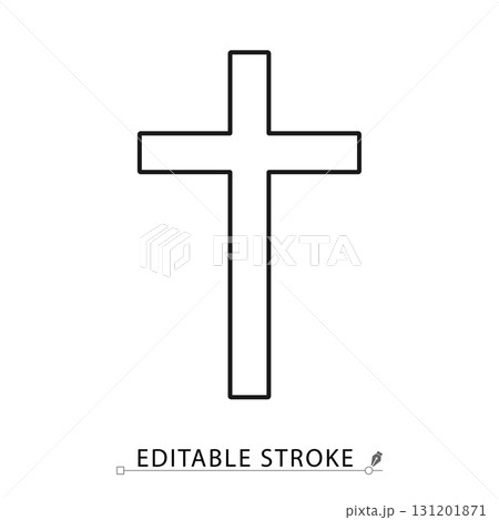 A christian cross icon in a minimalist line style with editable stroke. Religious symbol, faith sign, spiritual worship object, catholic church element, holy crucifix concept, god belief. 131201871