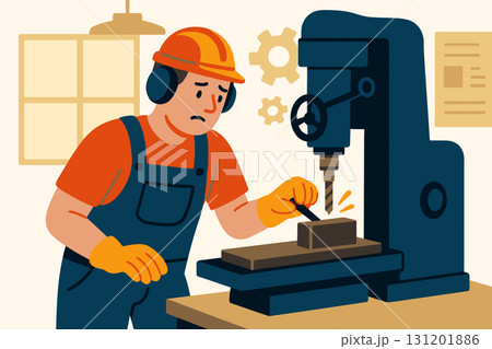 Factory worker operating drill press 131201886