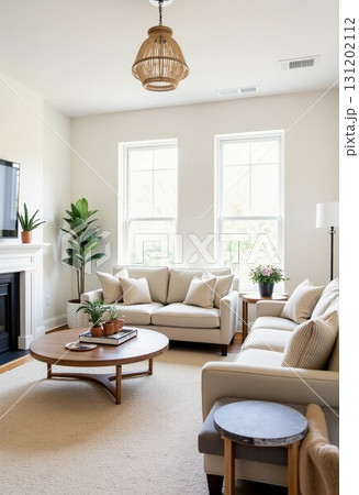 A bright living space exudes comfort with neutral tones. Plush sofas invite relaxation, while greenery enhances the warm atmosphere, perfect for casual gatherings or quiet moments Generative AI 131202112