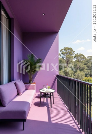 A stylish balcony adorned in shades of purple features a comfortable couch, a small table with refreshing drinks, and vibrant greenery nearby, creating a serene atmosphere Generative AI 131202113