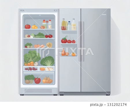 冷蔵庫の冷蔵の容器、冷蔵、食器、収納、食料、栄養、食材、作り置き、食品、イラスト、白 131202174