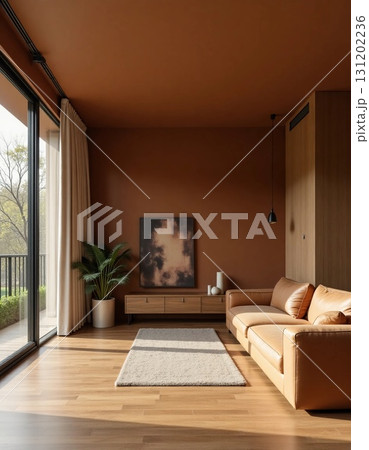 A contemporary living room showcases warm earth tones, elegant furnishings, and abundant natural light, inviting comfort and tranquility in a cozy setting Generative AI 131202236
