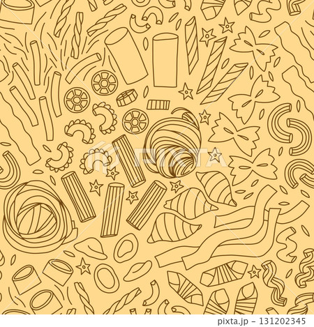 Monochrome yellow pattern of different types of paste, spirals and ribbons, in cartoon style Monochrome yellow pattern of different types of paste, spirals and ribbons, in cartoon style 131202345