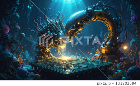 AI Controlled Robotic Arm Working on Circuit Board. AI themed Background. Generated Image 131202394