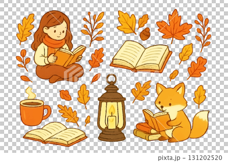 Autumn illustration with a girl reading a book and a fox 131202520