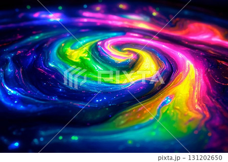 Swirling vortex of vibrant neon colors creating dynamic patterns in a mesmerizing display 131202650